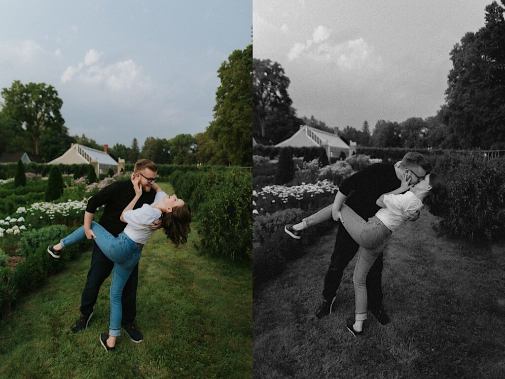 2 photos side by side, the left is of a couple smiling while the man lifts the woman's leg up in the air as she laughs while they stand in a park, the right is a black and white photo of the same couple in the same position but kissing