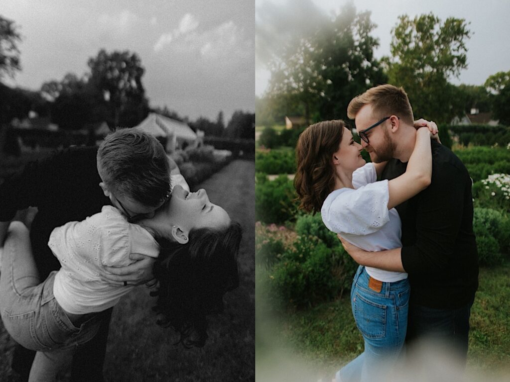 2 photos side by side, the left is a black and white photo of a woman smiling as a man lifts her leg and kisses her on the neck while they stand in the park, the right photo is of the same couple staring at one another and embracing while touching noses in the same park
