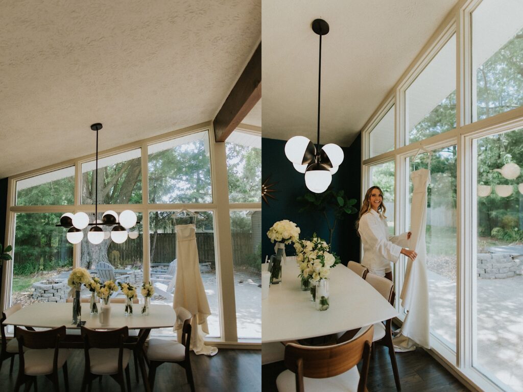 Two photos side by side, the left of a wedding dress in a dining room handing in front of a large window, the right is of the bride looking at that same wedding dress and smiling at the camera