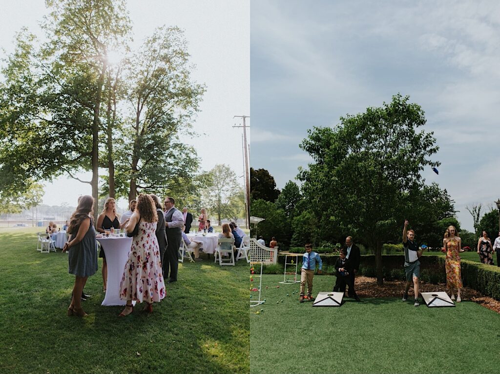 2 photos side by side, the left is of guests of a wedding in a park standing around a cocktail table, the right is of guests of a wedding playing bean bags