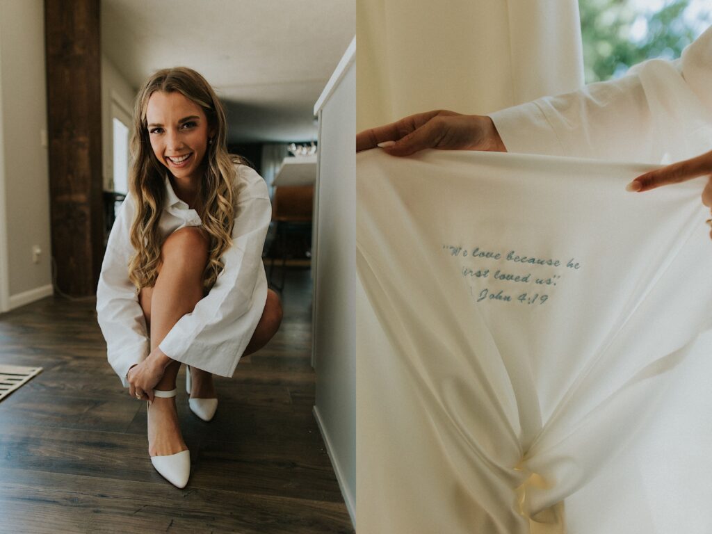 2 photos side by side, the left is of a bride crouching to put on her shoe while smiling at the camera, the right is of a piece of fabric with a quote from the bible on it