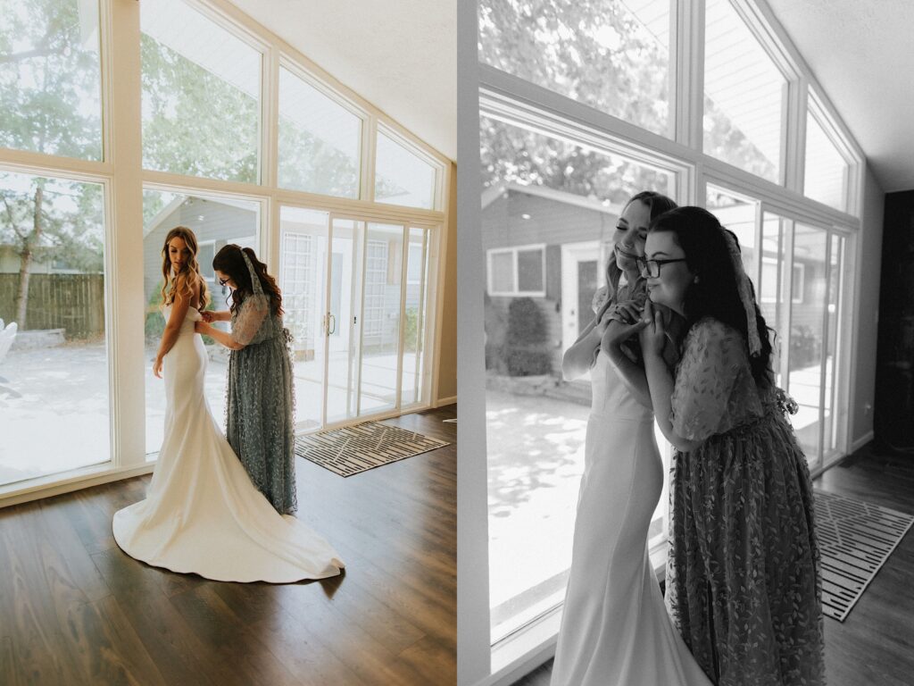 2 photos side by side, the left is of a bride in her wedding dress standing in  front of a large wall of windows looking over her shoulder as her mother helps put on her dress, the right is of the same bride smiling as her mother hugs her from behind