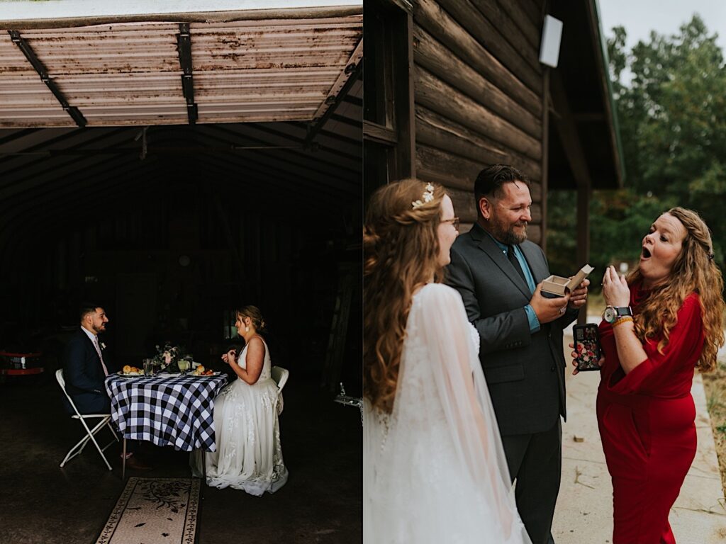 2 photos side by side, the left is a bride and groom sitting at a picnic table together and facing one another while eating in a barn, the right photo is of a mother exclaiming  with excitement to her daughter in her wedding dress after she gave her and her father a gift