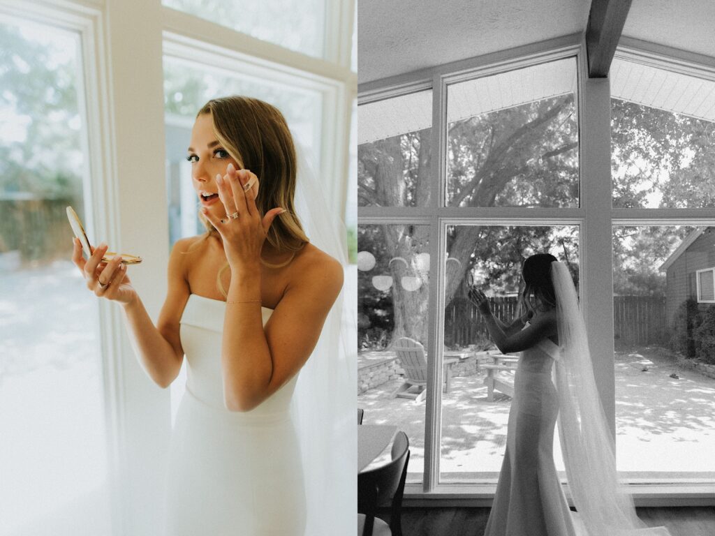 2 photos side by side, the left is of a bride smiling at the camera in front of a window while putting on her makeup with a small mirror in one hand, the right is a black and white photo of the same bride in front of a wall of windows putting her makeup on
