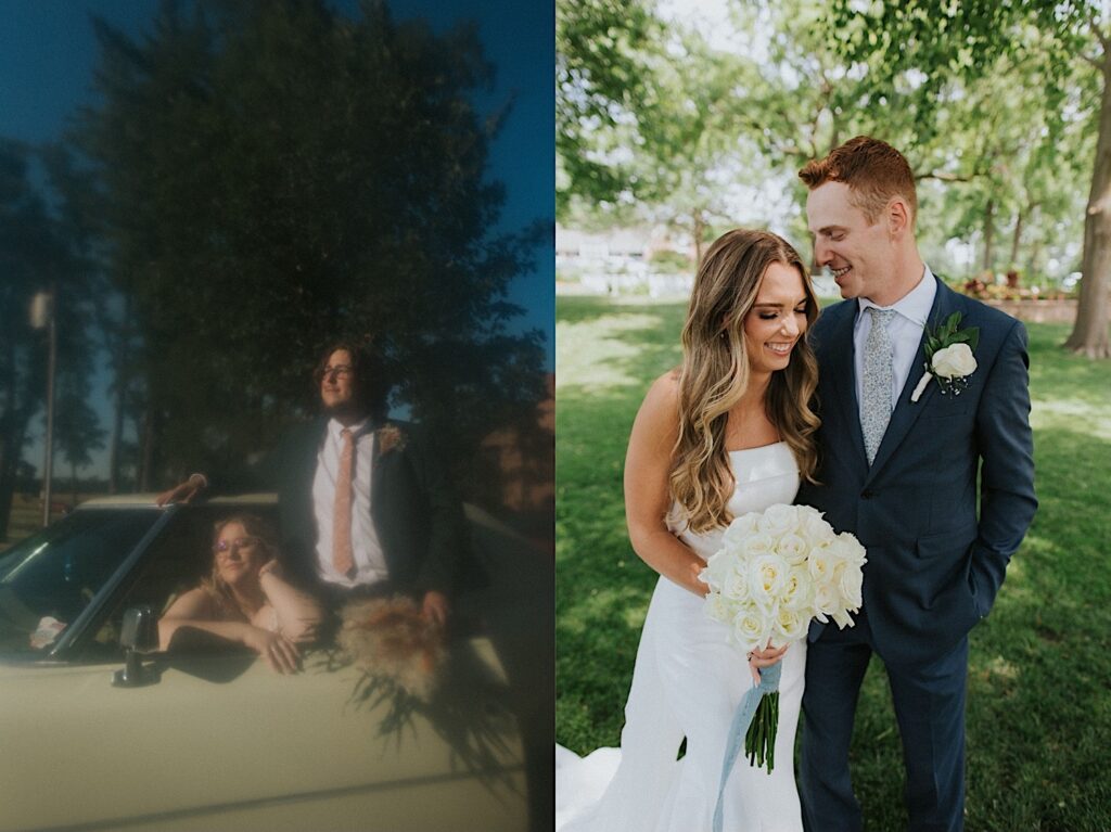 2 photos side by side, the left is a film photos of a bride and groom in a car both leaning out the window, the right is of a bride and groom standing next to one another and smiling while in a park