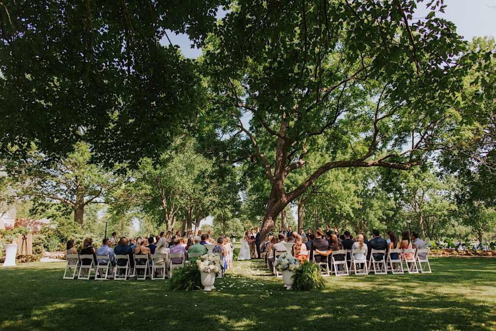 An outdoor wedding ceremony takes place at Bloomington Country Club underneath a large tree