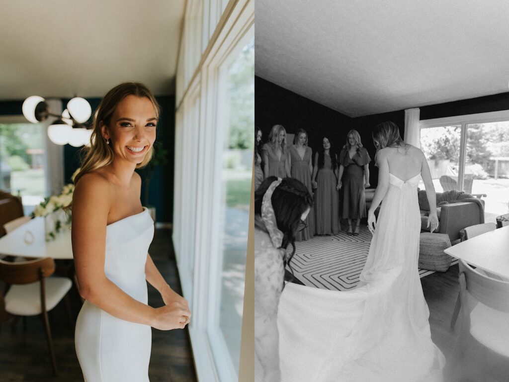 2 photos side by side, the left is of a bride smiling at the camera while standing in front of a window, the right is a black and white photo of the bride standing in a room with her bridesmaids in front of her as her mother adjusts the tail of her dress