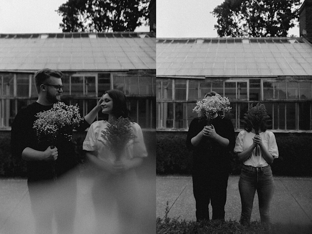 2 black and white photos side by side of a couple standing next to one another and holding bouquets of flowers, the left the woman is smiling as the man touches her hair, the right is of them hiding their faces behind the bouquets