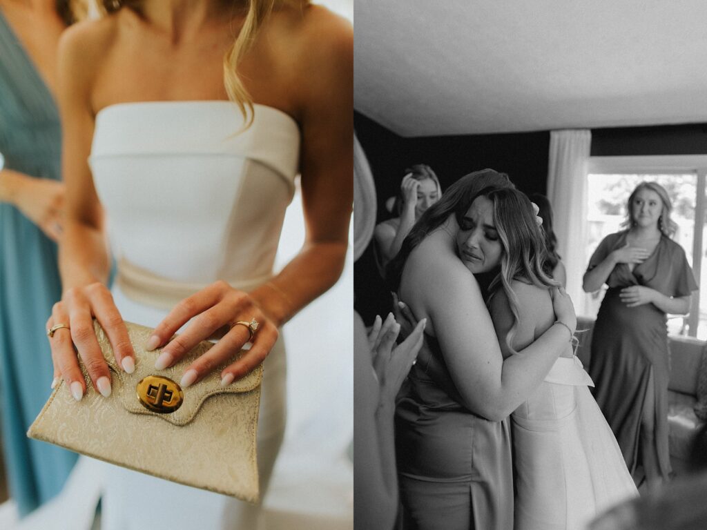 2 photos side by side, the left is a shoulder down photo of a bride holding an envelope towards the camera, the right is of the bride crying while hugging one of her bridesmaids as her other bridesmaids stand around her