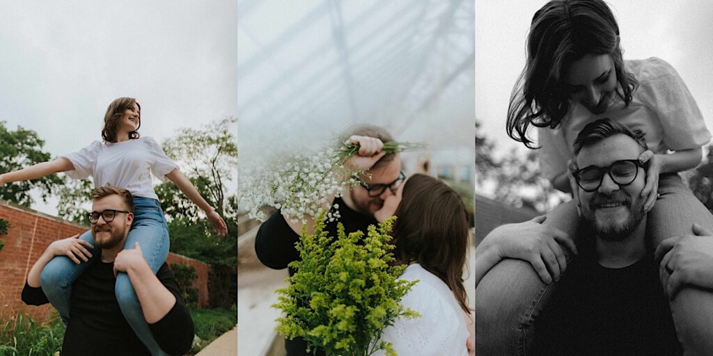 2 photos side by side, the left is of a man smiling at the camera while a woman rides on his shoulders smiling to the right, the middle photo is of the same couple kissing in a greenhouse while holding flower bouquets, the right is a black and white photo of the man smiling with his eyes closed while the woman smiles down at him while riding on his shoulders