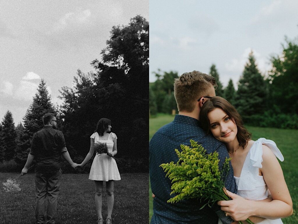 2 photos side by side standing in a field, the right is a black and white photo with each of them holding a bouquet, the man is facing a way from the camera and the woman facing towards it while both look to the right, the right photo is of the woman smiling at the camera while resting her head on the man's shoulder while he faces away from the camera
