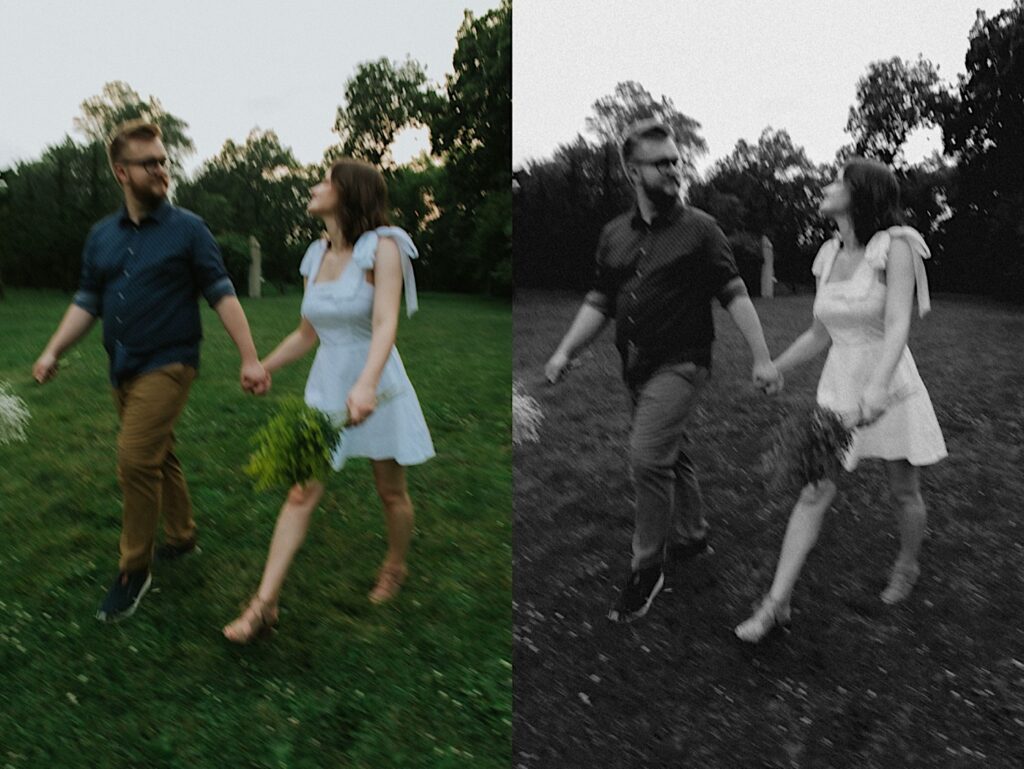 2 blurry film photos side by side of a couple walking in a park together while holding flower bouquets and looking at one another, the left photo is in color while the right is in black and white