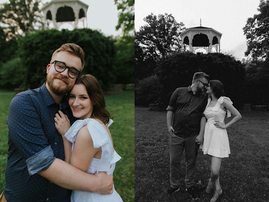 2 photos side by side, the left is of a couple hugging in a park and smiling at the camera, the right is a black and white photo of the same couple standing next to one another in the park and holding hands while touching their noses together and smiling at one another