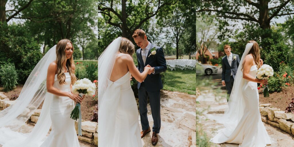 3 photos side by side, the left is of a bride on a pathway in a park smiling and crying while holding her bouquet, the middle is of the groom looking down and smiling while holding the bride's hand, and the right is of the bride looking over her shoulder as the groom behind her looks at her dress