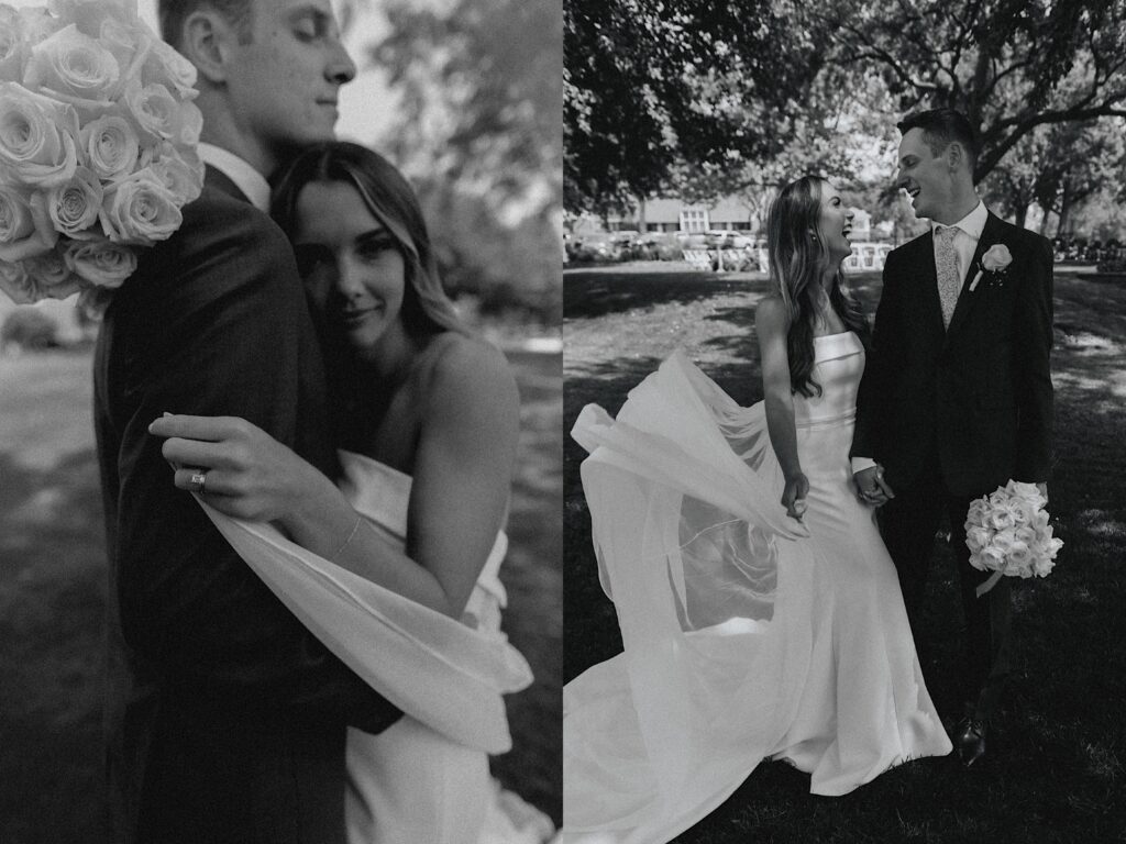 2 black and white photos side by side, the left is of a bride smiling at the camera with her head on the grooms chest as he hugs her, the right is of the same bride and groom standing in a park holding hands and laughing at one another