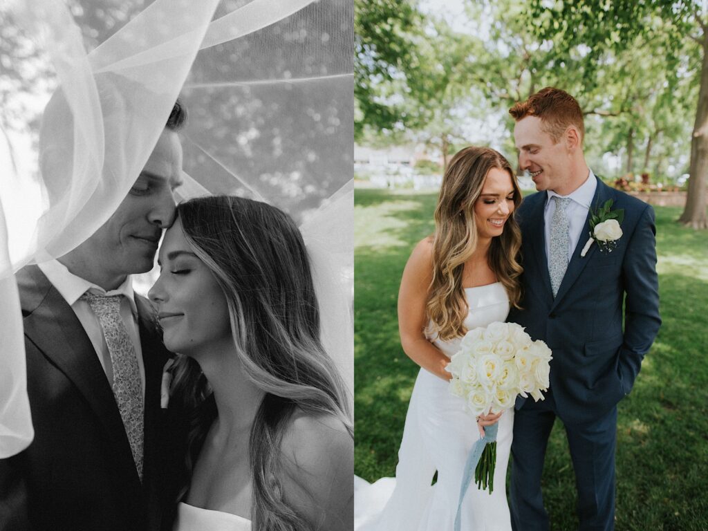 2 photos side by side, the left is a black and white photo of a bride and groom with their eyes closed underneath the bride's veil as the two smile, the right is of the same couple standing next to one another in a park while smiling and laughing