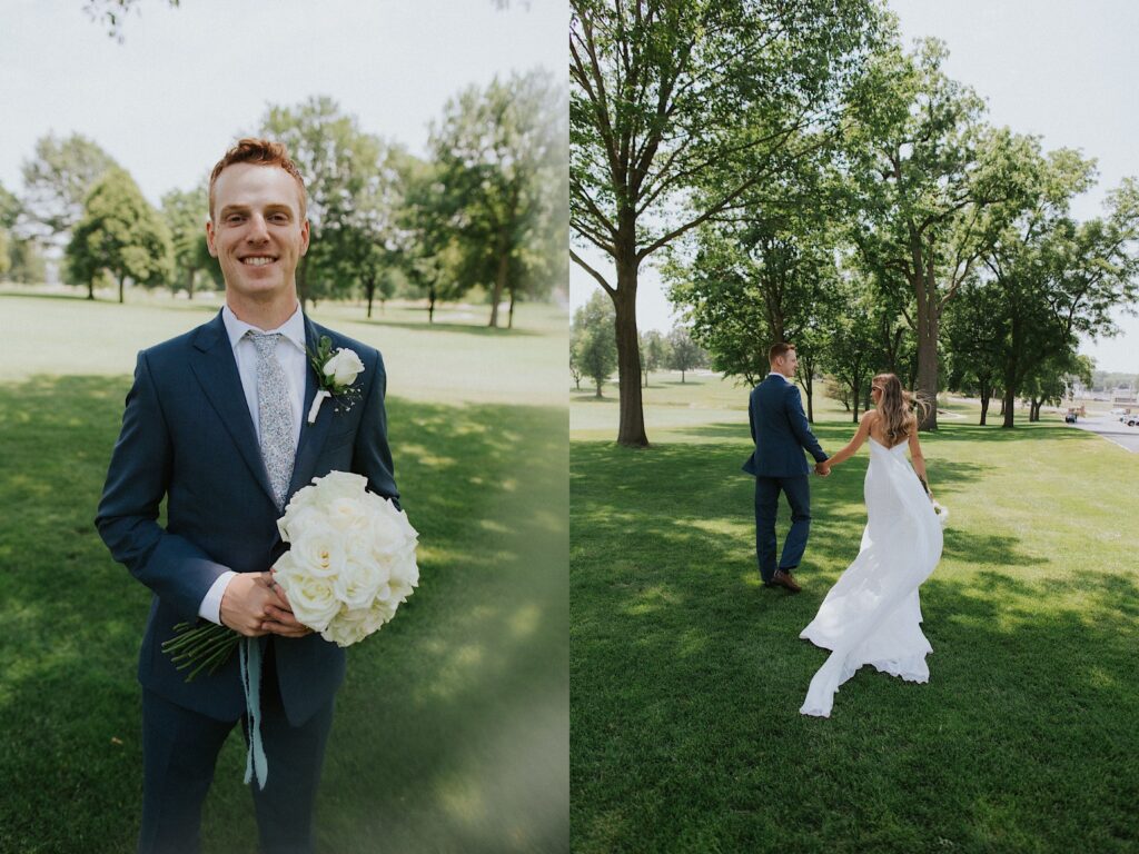 2 photos side by side, the left is of a groom standing in a park and smiling at the camera while holding a flower bouquet, the right is of a bride and groom walking hand in hand away from the camera in the same park