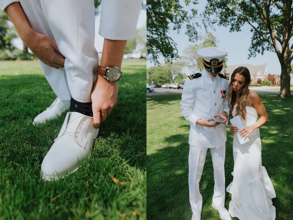 2 photos side by side, the left is a close up photo of a groom adjusting his shoes while in a field, the right is of a bride and groom in his military uniform standing next to one another in a park and reading a letter