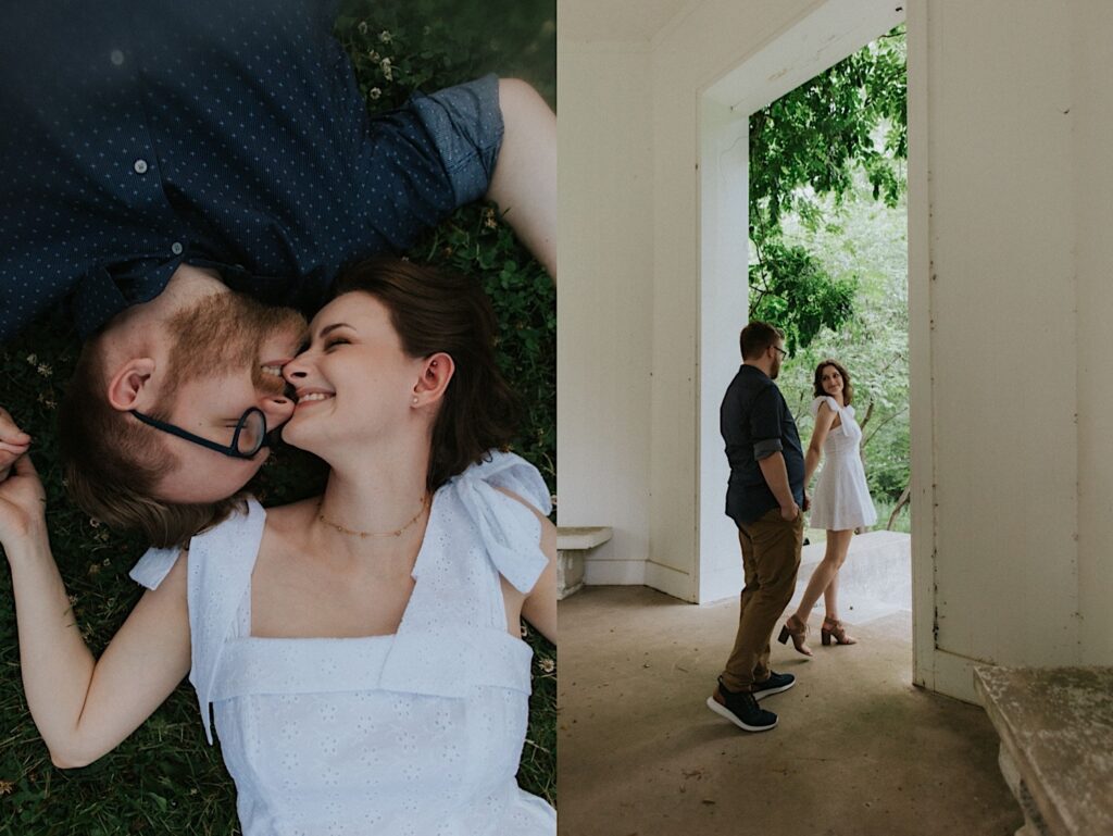 2 photos side by side, the left is of a couple laying in the grass opposite directions so their heads are side by side, they are smiling at one another with their faces touching with their eyes closed, the right photo is of the same couple walking through a doorway holding hands as they exit into the park