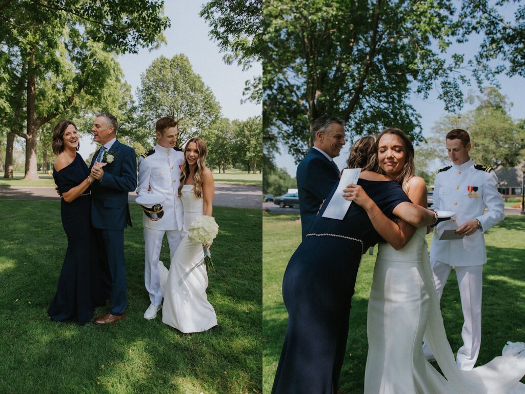 2 photos side by side, the left is of a bride and groom in military uniform and the the bride's mother and father next to them standing in a field, the right is of the same bride hugging her mother while her father and groom smile behind them