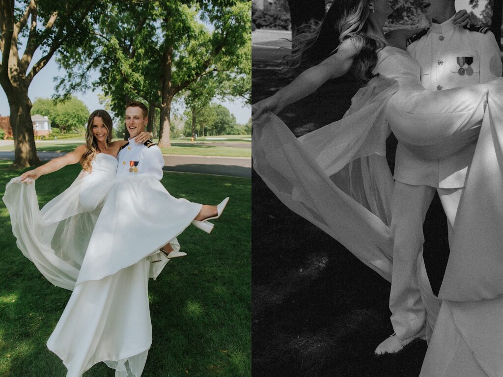 2 photos side by side, the left is of a groom in military uniform holding a bride in the air as the two smile while standing in a park, the right is a black and white close up photo of the same bride being held by the same groom