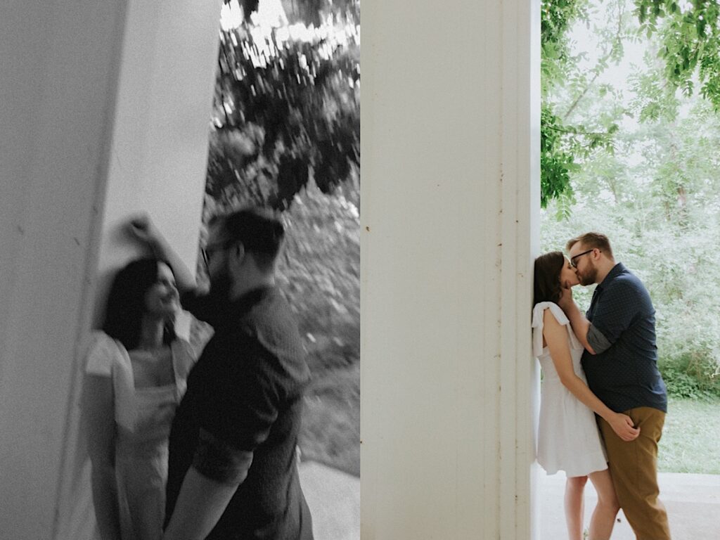 2 photos side by side, the left is a black and white film photo of a woman leaning against a doorway leading outdoors as a man leans against the wall to kiss her, the right is a color photo of the couple in the same doorway kissing one another