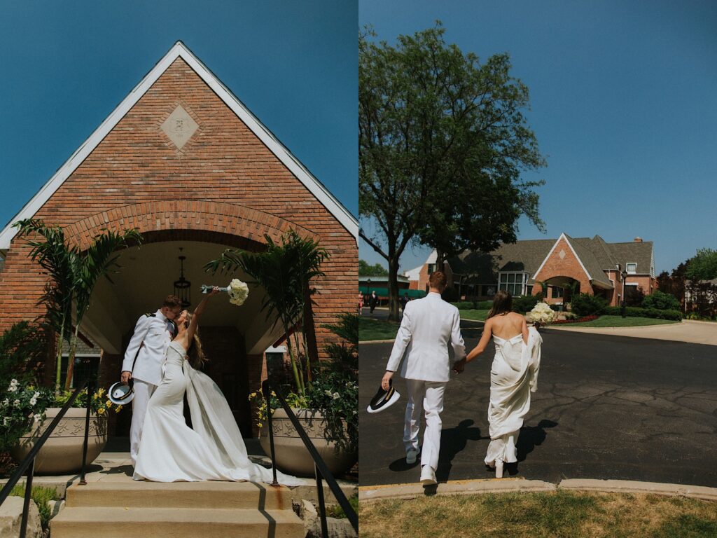 2 side by side photos, the left is of a bride and groom kissing one another in front of a brick building, the right is of the same couple walking in the street towards the brick building away from the camera