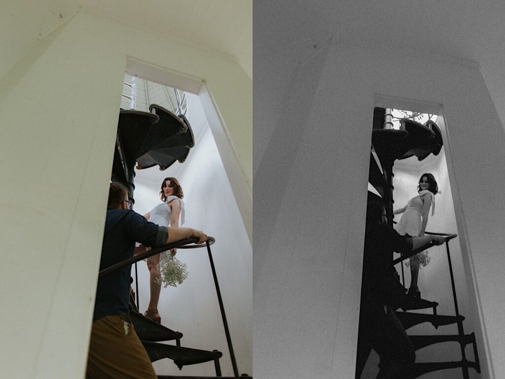 2 photos side by side of a man looking up a spiral staircase towards a woman who is smiling back at him, the left photo is in color and the right is in black and white