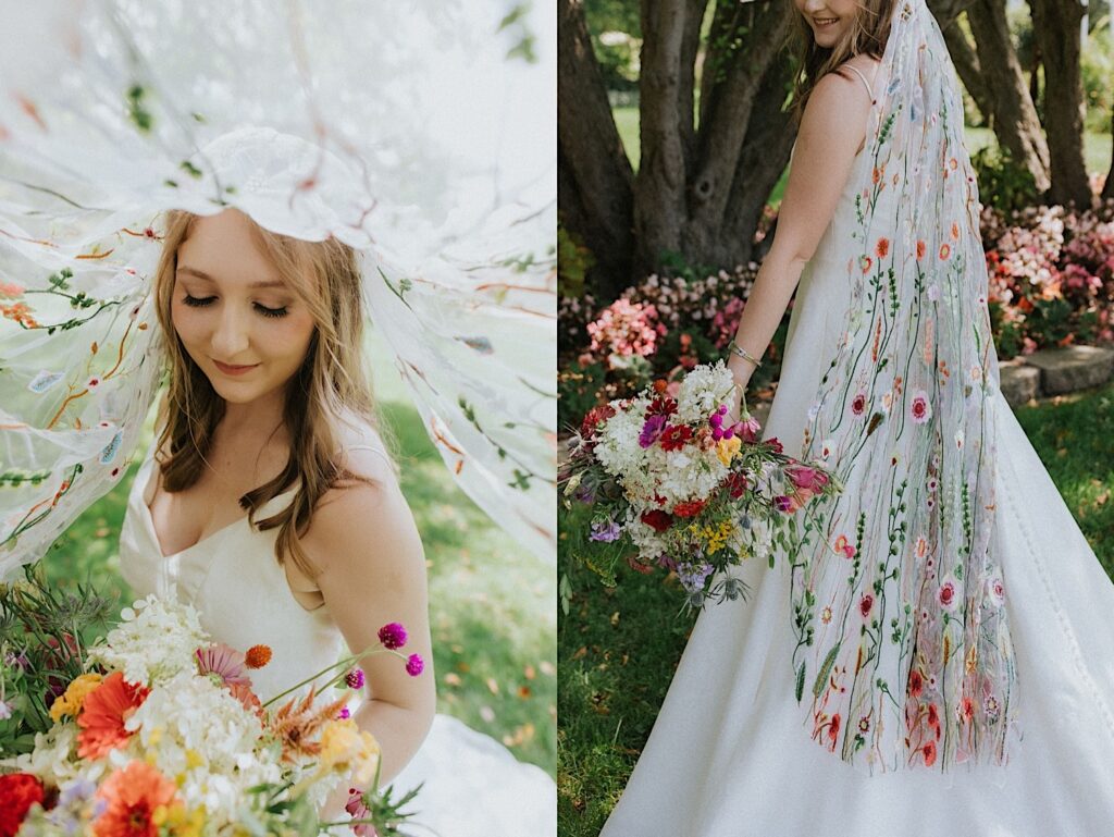 2 photos side by side, the left is of a bride smiling down at her bouquet while underneath a floral veil the right is of the same bride facing away from the camera and smiling over her shoulder showing off her floral veil