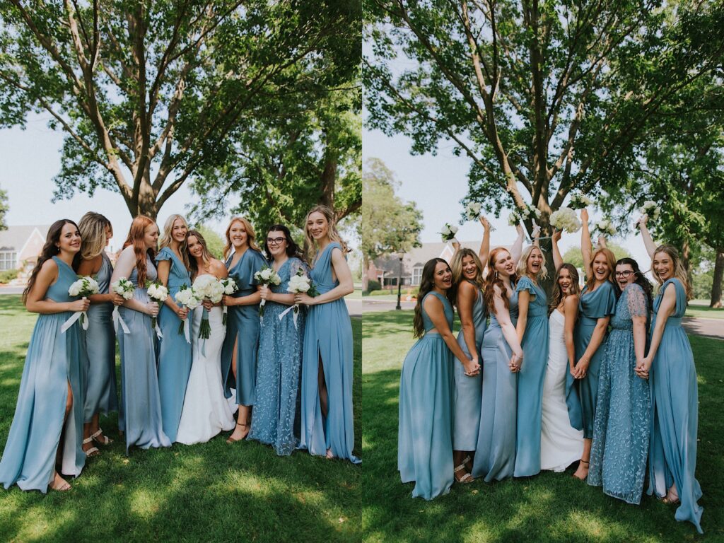 2 photos side by side of a bride with her 7 bridesmaids, the left photo they are all smiling at the camera or the bride and in the right photo they are shouting at the camera with their bouquets held in the air behind them