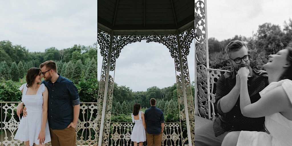 3 photos side by side, the left is of a man and woman standing next to one another and smiling while touching noses together in front of a railing looking over a forest, the middle photo is of the same couple at the railing but with their backs facing the camera looking out at the forest, the right photo is black and white of the same couple in front of the railing, the woman is laughing while the man kisses her hand