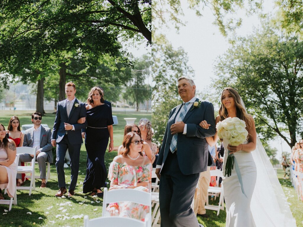 2 side by side photos, the left is of a groom being walked down the aisle by his mother and the right is of a bride crying and smiling while being walked down the aisle by her father to their outdoor ceremony