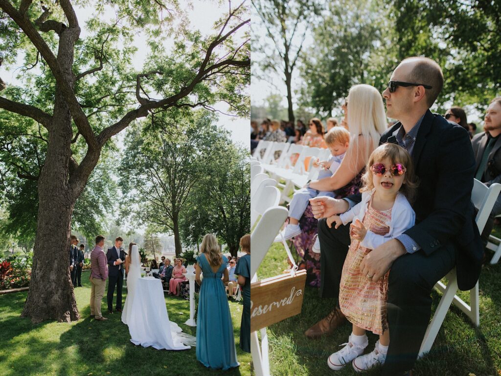 2 photos side by side, the left is of a bride and groom standing next to one another during their outdoor wedding ceremony, the right is of a young girl with her father at that same wedding making a face at the camera