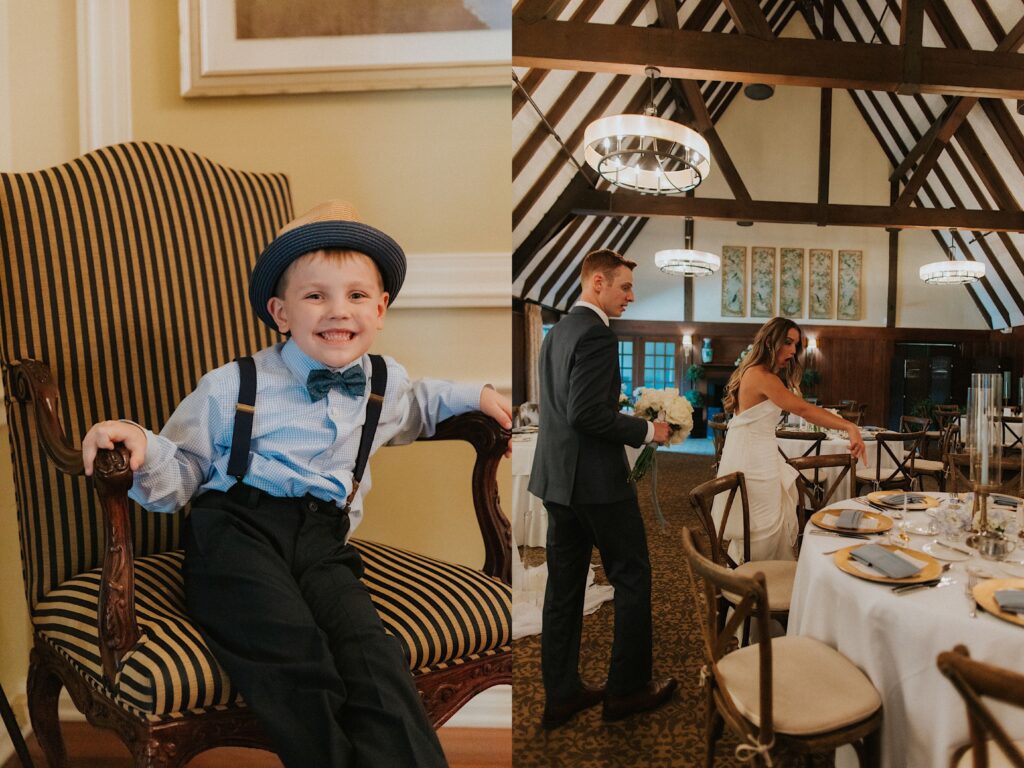 2 photos side by side, the left is of a child on a chair smiling at the camera, the right is of a bride and groom walking around their reception space together and the bride exclaims while pointing at the table