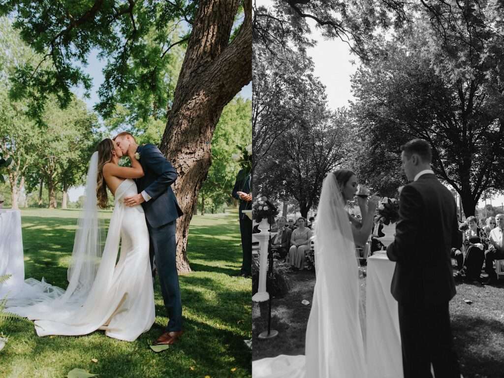 2 photos side by side, the left is of a bride and groom kissing outside underneath a tree, the right is a black and white photo of the same bride and groom at their wedding ceremony as the bride drinks a glass of wine