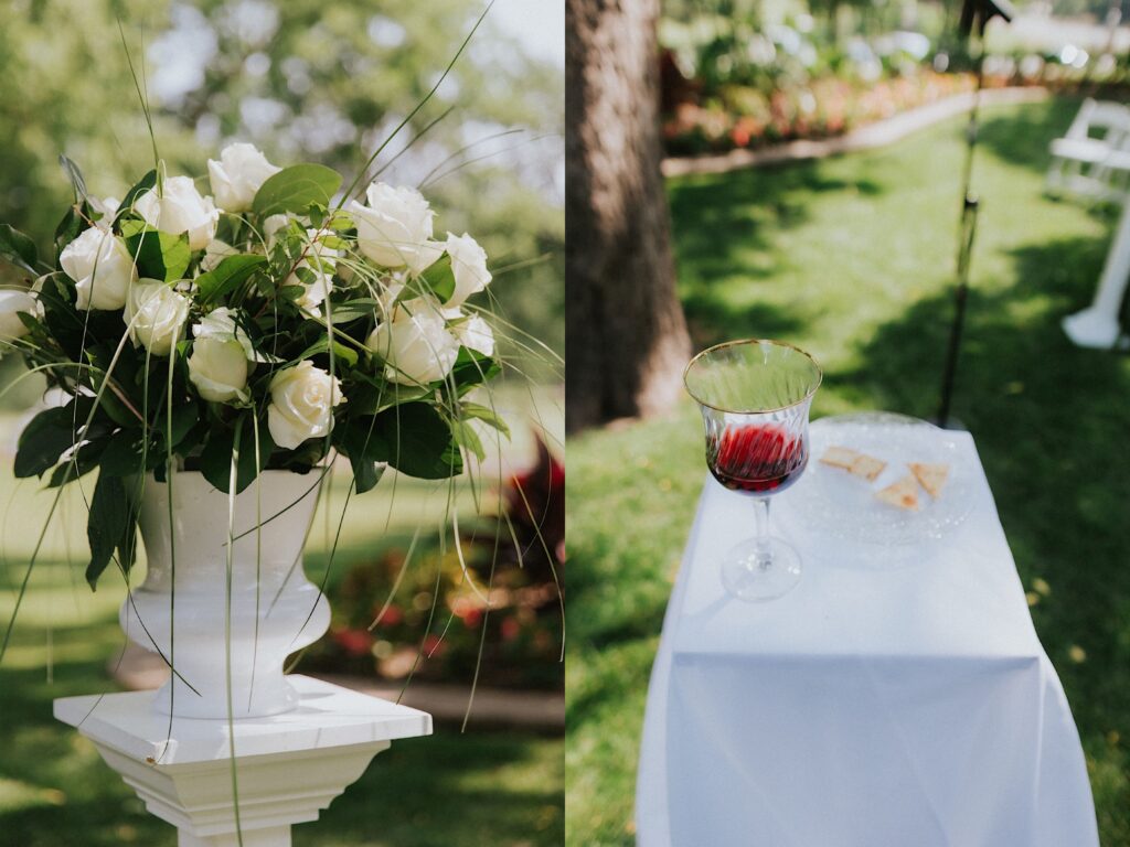2 photos side by side, the left is of white flowers in a vase sitting on a pedestal outdoors, the right is of a glass of wine on a small table outside next to a plate of crackers