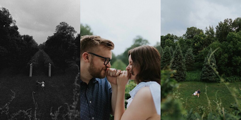 3 photos side by side, the left is a far away black and white photo of a couple standing in a field in front of a forest dancing with one another, the middle is of the same couple holding hands and kissing their hands while laughing, the right photo is of the same couple laying in a field next to one another in front of a forest