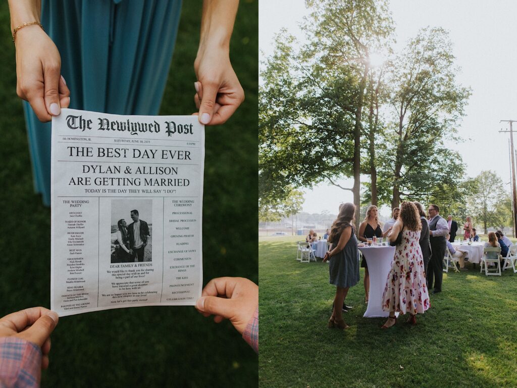 2 photos side by side, the left is of a fake newspaper with headlines talking about the couple's wedding day, the right is of guests of the wedding mingling next to a small table during cocktail hour