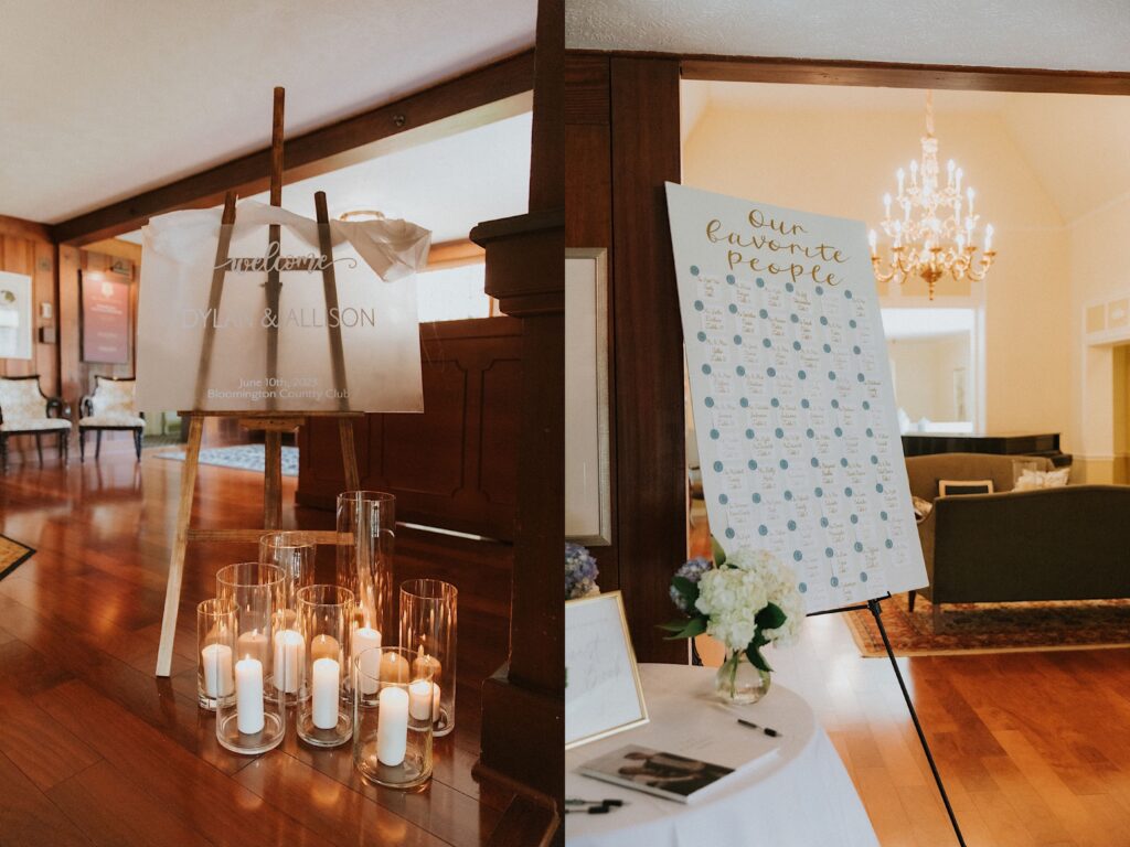 2 photos side by side, the left is of candles in glassware on the floor next to a large sign with a couples name on it welcoming guests to a wedding reception, the right is of a large poster board with the guest list of the wedding and their table numbers