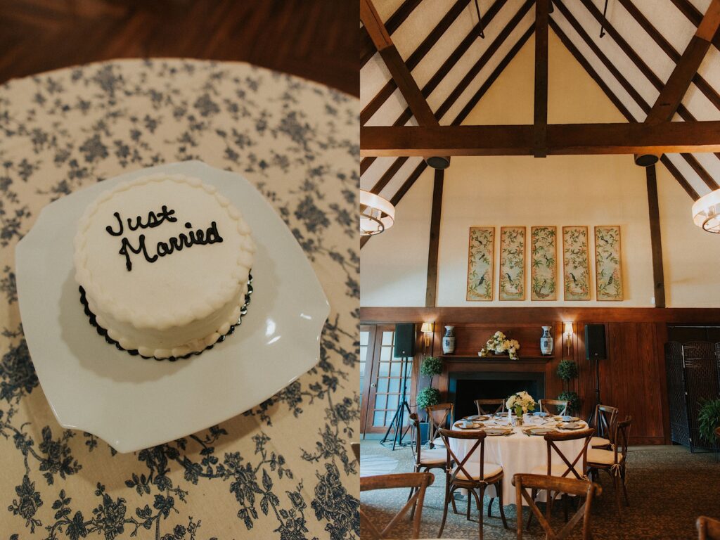 2 photos side by side, the left is of a wedding cake with the words "just married" on it, the right is of a table in a building set up for a wedding reception