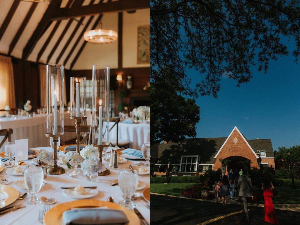 2 photos side by side, the left is a close up of a table set up and decorated for an indoor wedding reception, the right is of guests of a wedding walking into a brick building for the wedding reception