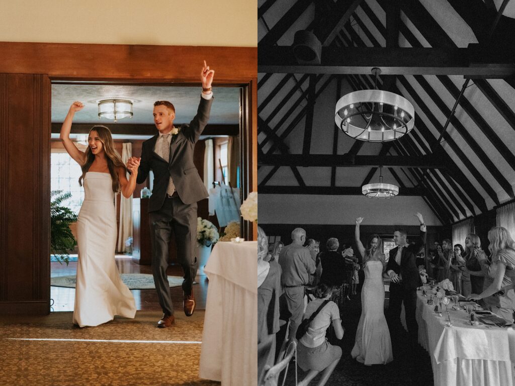 2 photos side by side, the left is of the bride and groom walking hand in hand as they raise their arms in the air entering their reception space, the right is a black and white photo of the bride and groom in the middle of their reception space celebrating with their guests around them