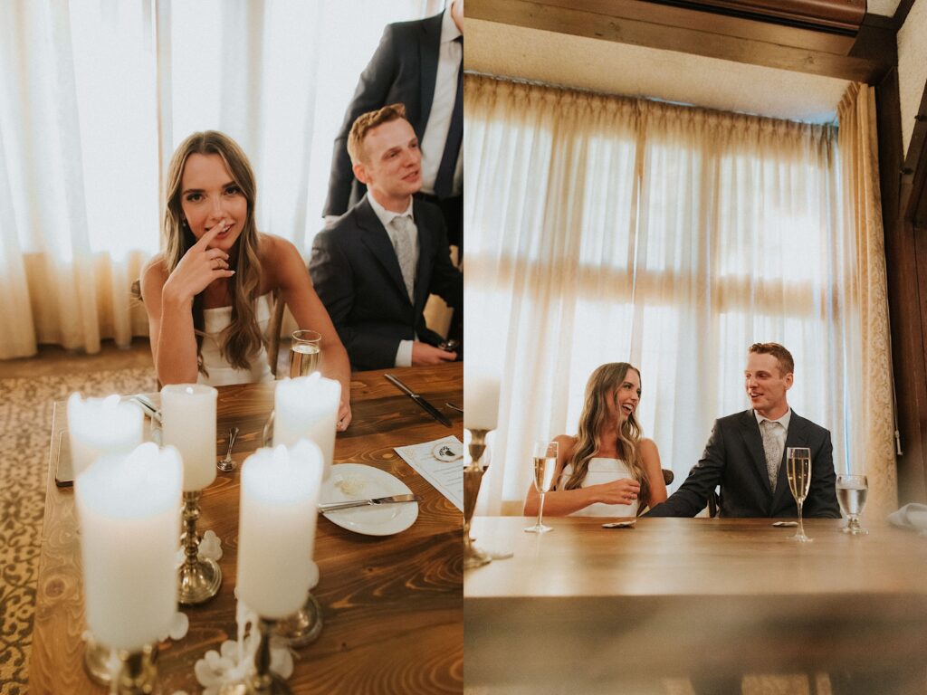2 photos side by side, the left is of the bride sitting at a table and looking at the camera with her finger to her mouth, the right is of the bride and groom sitting next to one another and laughing with one another