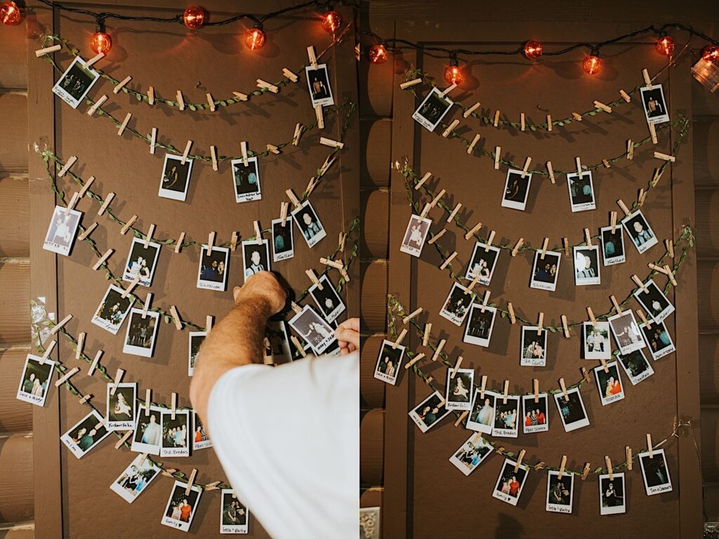2 photos side by side of a bunch of polaroid photos being held up by laundry clips and string on a wall with string lights above them, the left photo has a person adding a polaroid to the collage which is being used as a guest book for a wedding