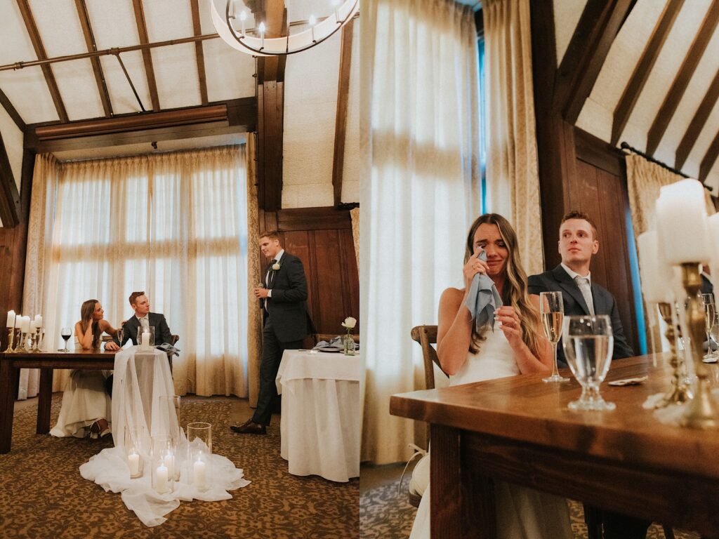 2 photos side by side, the left is of a bride and groom sitting at the head table next to one another as a groomsmen gives a speech next to them, the right is of the same bride and groom sitting at the table as the bride wipes a tear away from her eyes while listening to a speech