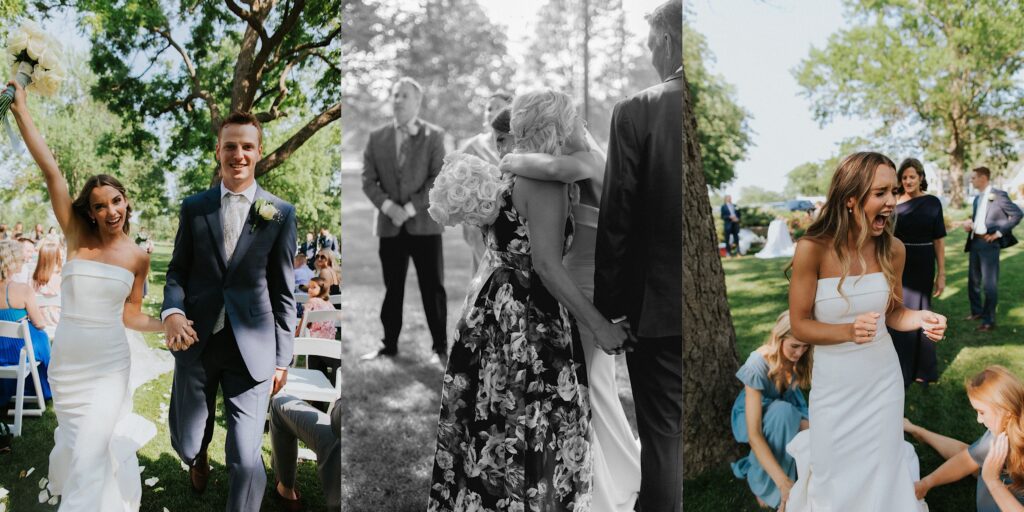 3 photos side by side, the left is of a bride and groom holding hands and smiling at the camera while walking out of their wedding ceremony, the middle is a black and white photo of a bride hugging a guest of the wedding, the right is of the bride screaming with joy as her bridesmaids adjust her wedding dress