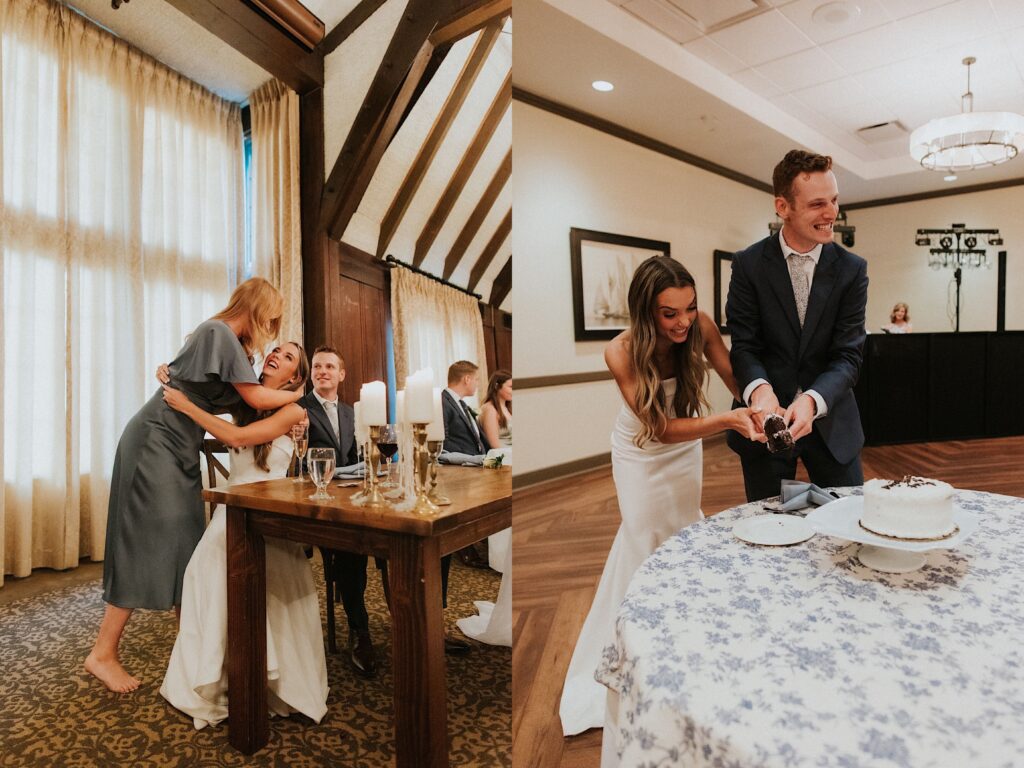 2 photos side by side, the left is of a bride and groom sitting at a table and the bride is being hugged by a bridesmaid, the right is of the bride and groom smiling with excitement while they cut their wedding cake