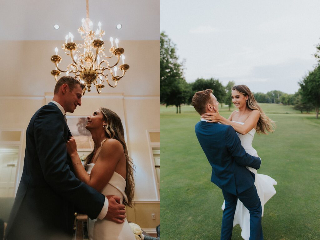 2 photos side by side, the left is of a bride and groom looking at one another and embracing underneath a chandelier, the right is of the same couple out on a golf course and the bride is smiling at the groom as he lifts her in the air