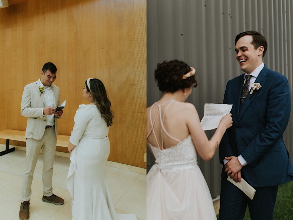 2 photos side by side, the left is of a groom smiling while reading his vows to the bride standing in front of him, the right is of a groom laughing while his bride reads her vows to him