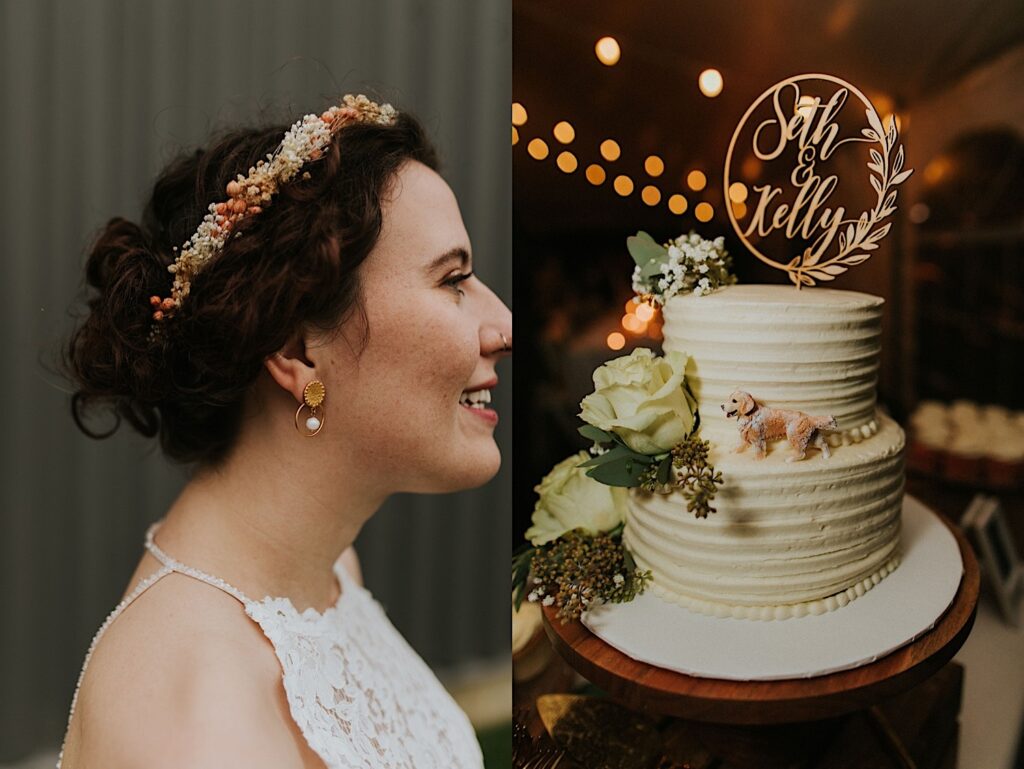 2 photos side by side, the left is a profile photo of a bride smiling to the right showing off her earring and head piece, the right photo is of a wedding cake decorated with a small dog figurine, flowers, and a sign that reads "Seth & Kelly"
